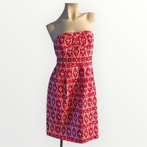 J. Crew Strapless Geometric Red and White‎ Twee Feminine Midi Dress Size 4